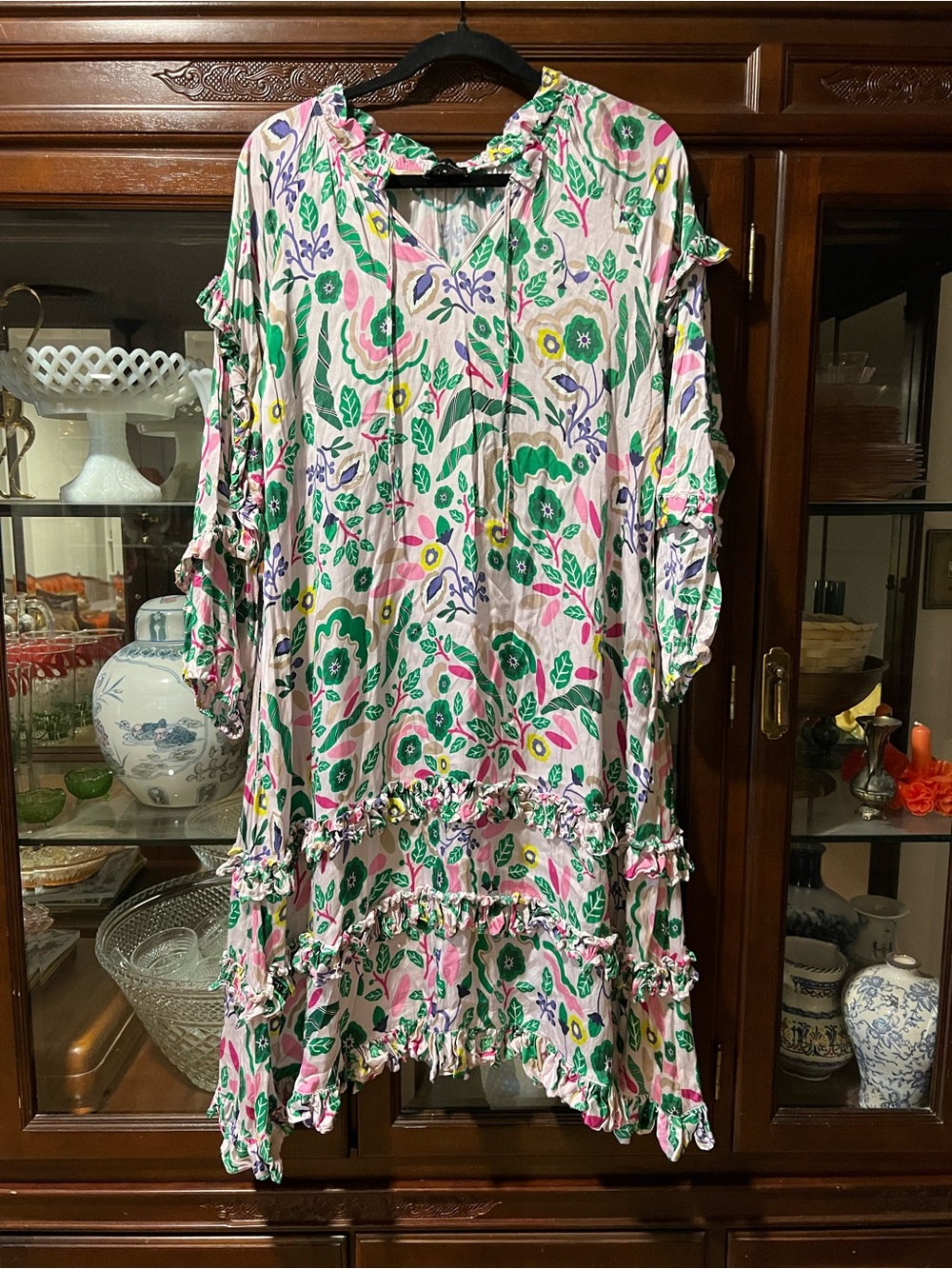 Jessie Zhao Floral Ruffle Tunic Dress in Pink & Green size S